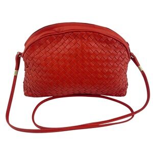 Woven Leather Crossbody Bag Red Mini Dome Boho Chic Festival
